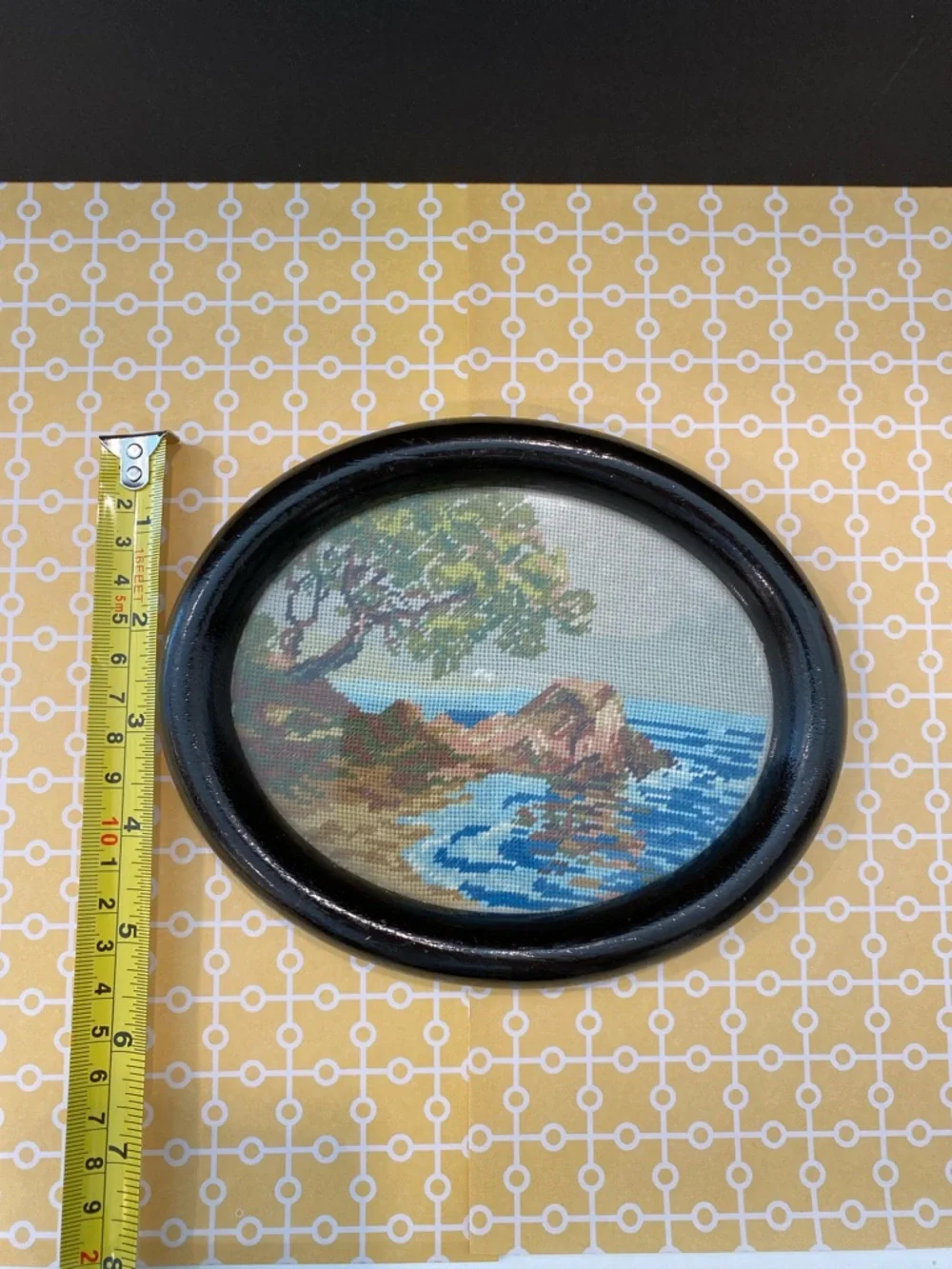 Vintage Needlepoint Landscape Art – Oval Framed Embroidery – Cottagecore Decor - Picture 6 of 8